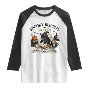 Funny Spooky Biscuits Bakery Cat Halloween Raglan Shirt We Knead Em You Need Em Pastry Kitten Lover