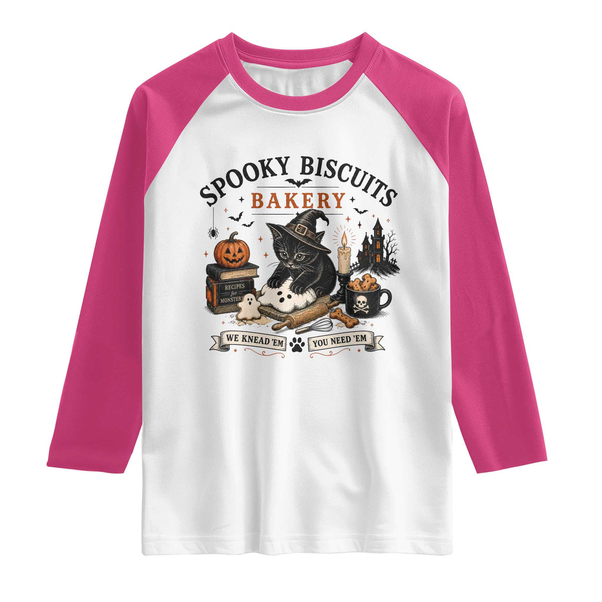 Funny Spooky Biscuits Bakery Cat Halloween Raglan Shirt We Knead Em You Need Em Pastry Kitten Lover