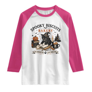 Funny Spooky Biscuits Bakery Cat Halloween Raglan Shirt We Knead Em You Need Em Pastry Kitten Lover