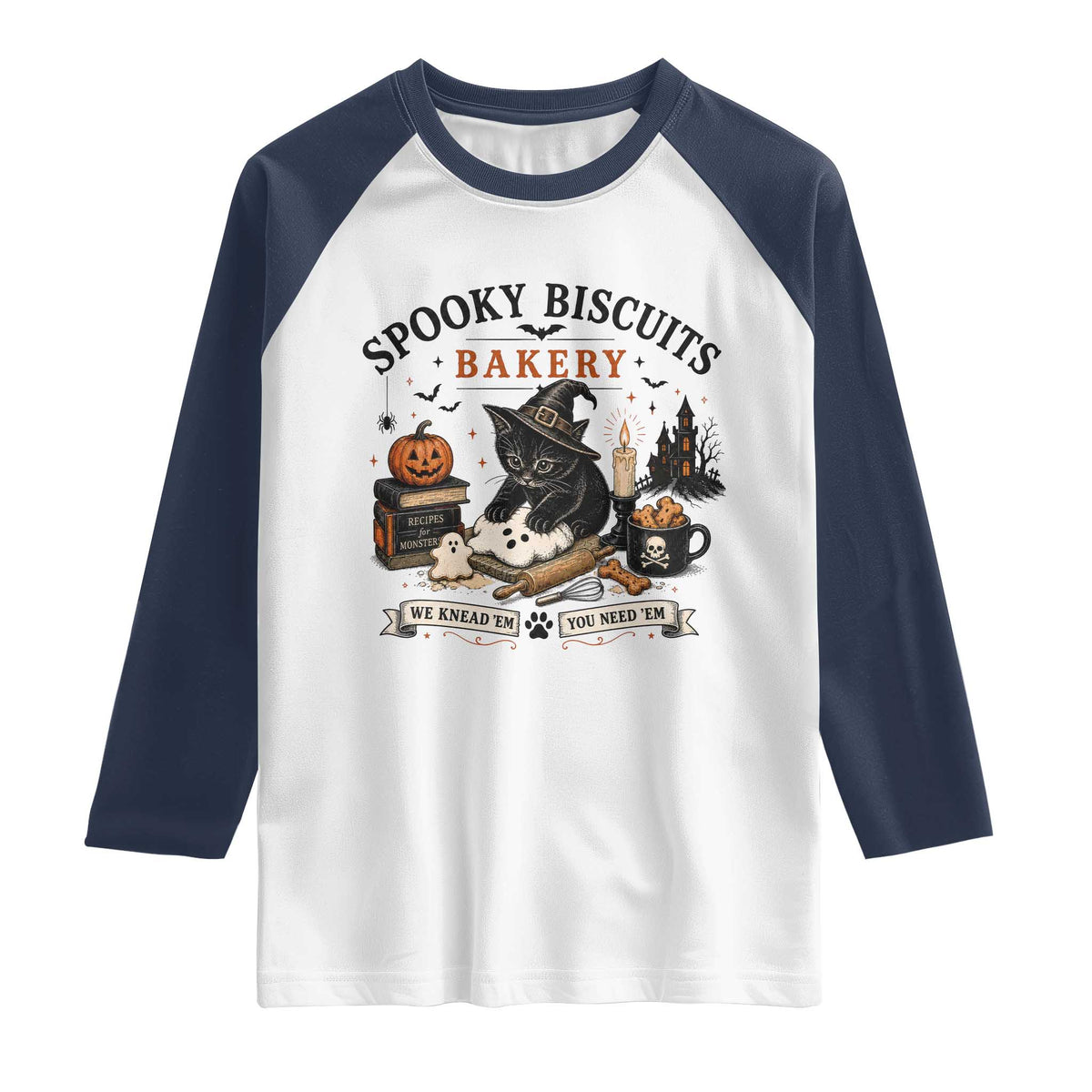 Funny Spooky Biscuits Bakery Cat Halloween Raglan Shirt We Knead Em You Need Em Pastry Kitten Lover