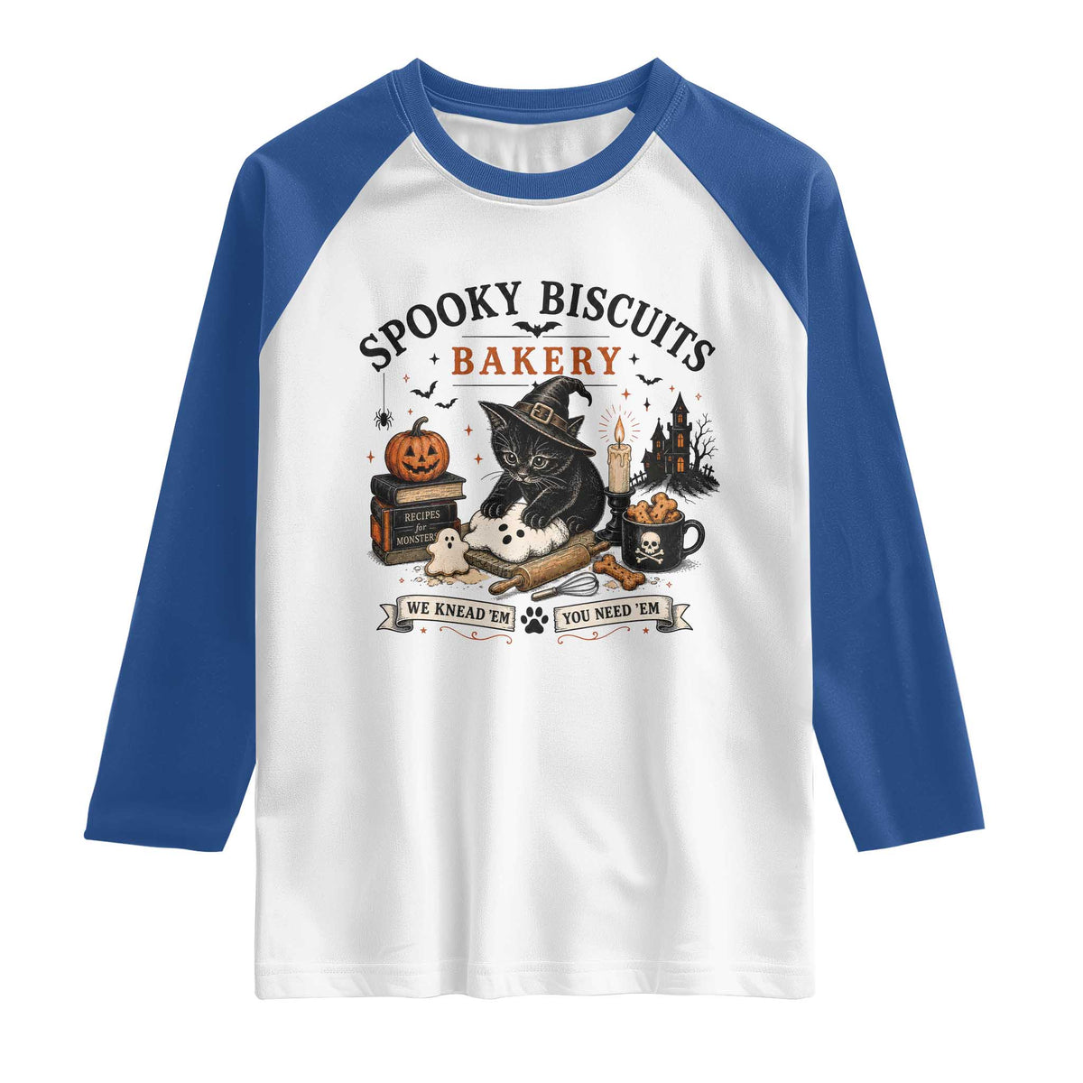 Funny Spooky Biscuits Bakery Cat Halloween Raglan Shirt We Knead Em You Need Em Pastry Kitten Lover