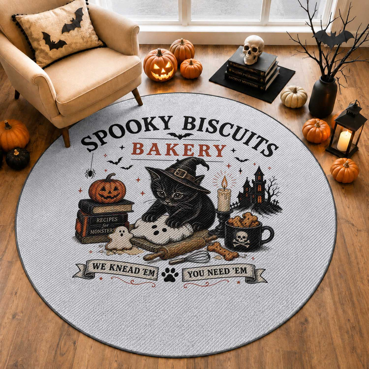 Funny Spooky Biscuits Bakery Cat Halloween Round Rug We Knead Em You Need Em Pastry Kitten Lover