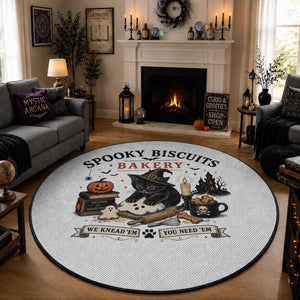 Funny Spooky Biscuits Bakery Cat Halloween Round Rug We Knead Em You Need Em Pastry Kitten Lover