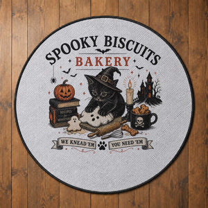 Funny Spooky Biscuits Bakery Cat Halloween Round Rug We Knead Em You Need Em Pastry Kitten Lover