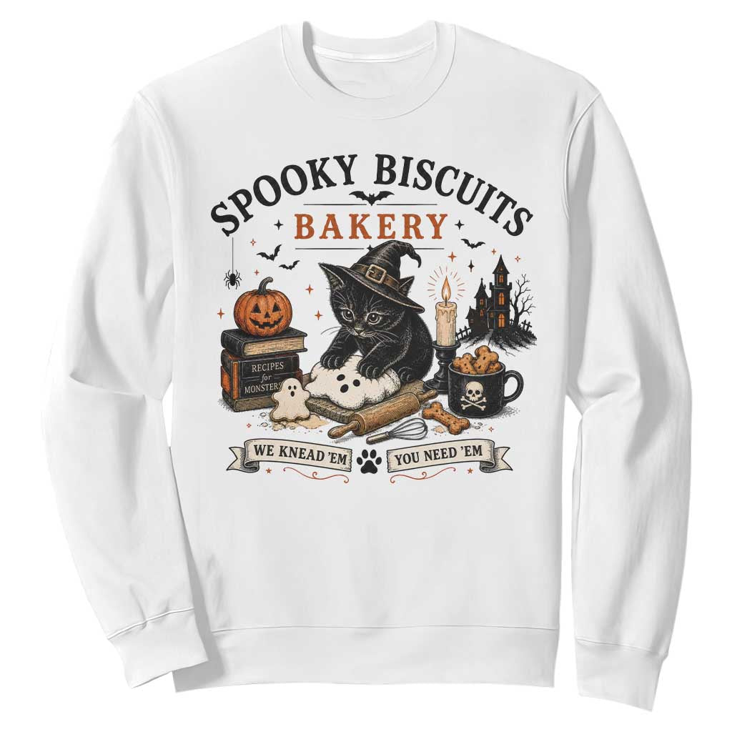 Funny Spooky Biscuits Bakery Cat Halloween Sweatshirt We Knead Em You Need Em Pastry Kitten Lover