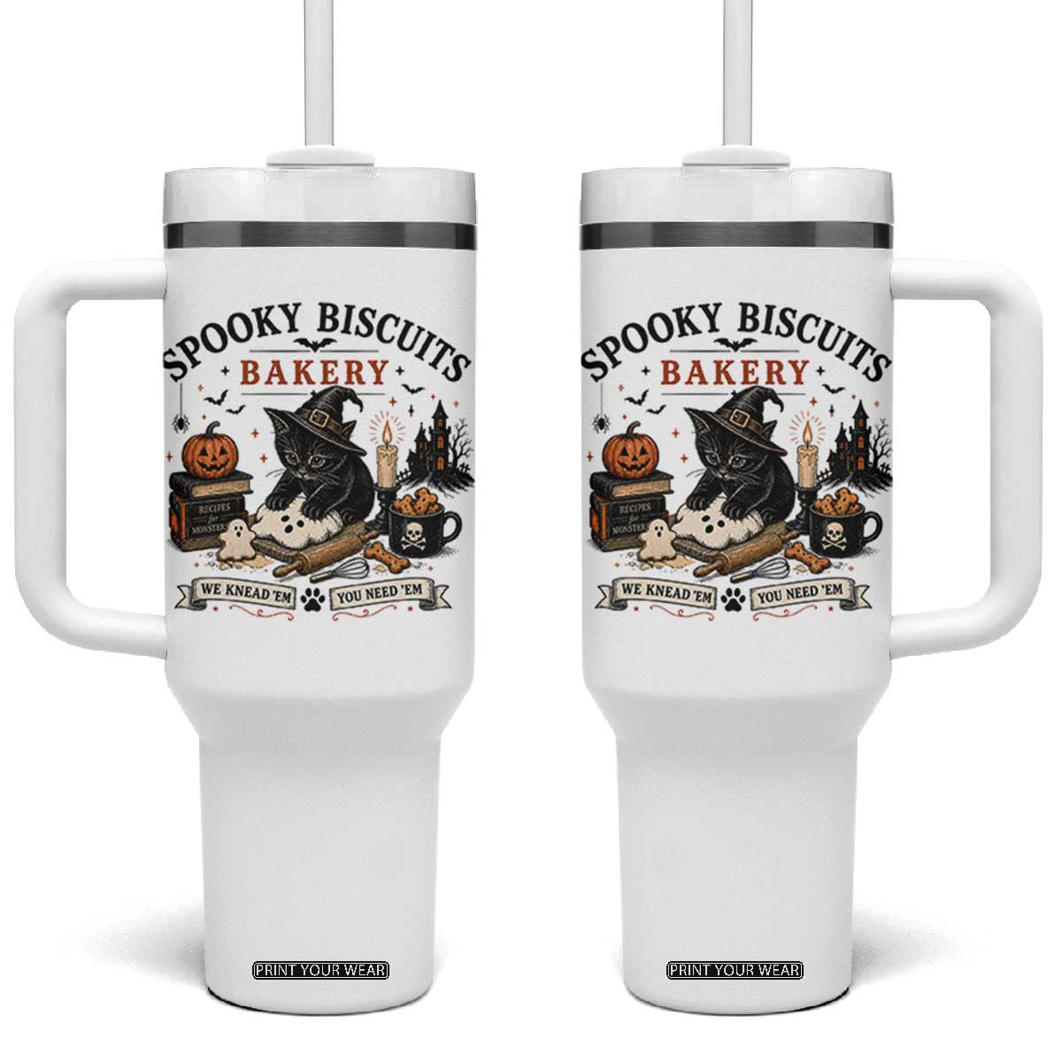 Funny Spooky Biscuits Bakery Cat Halloween Tumbler With Handle We Knead Em You Need Em Pastry Kitten Lover