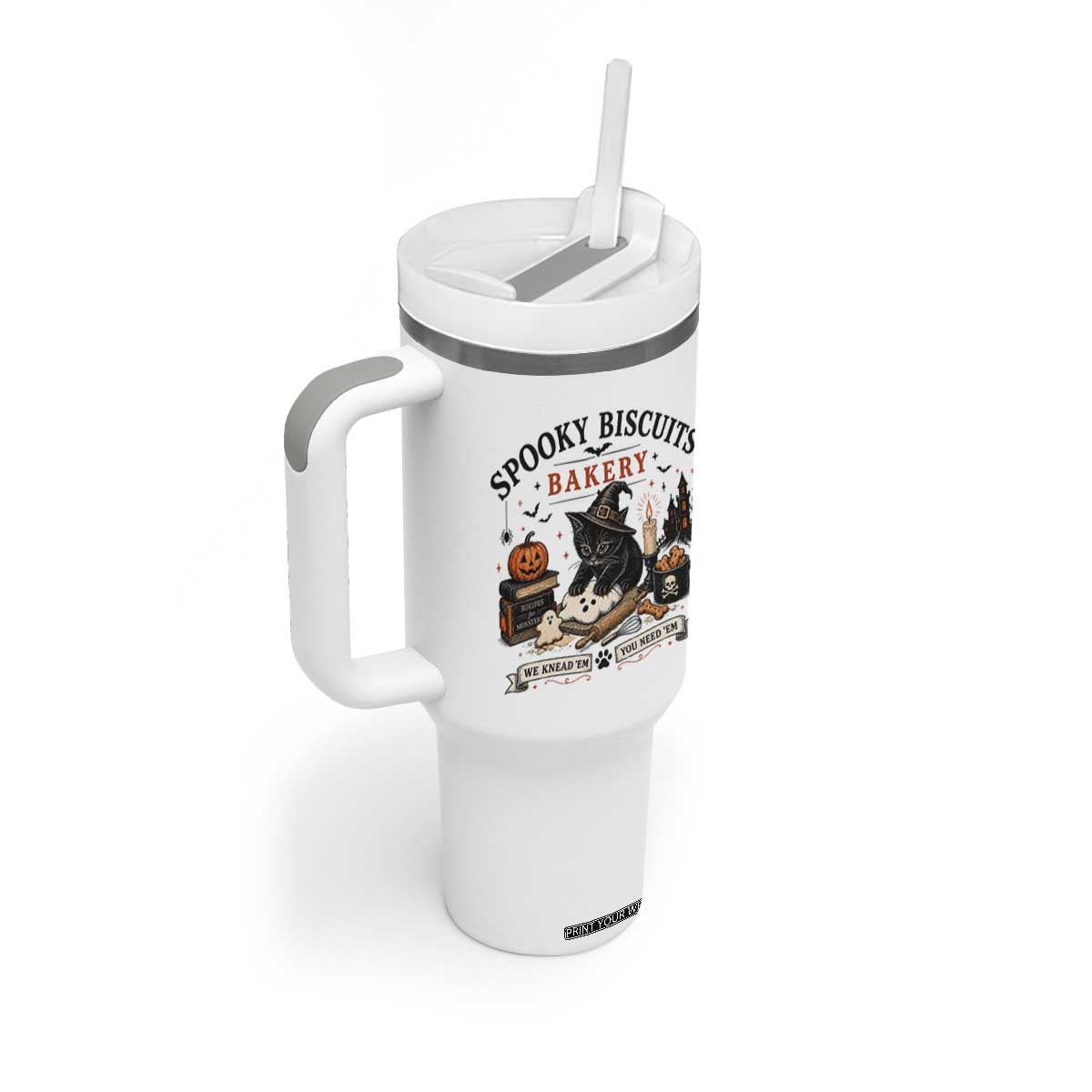 Funny Spooky Biscuits Bakery Cat Halloween Tumbler With Handle We Knead Em You Need Em Pastry Kitten Lover