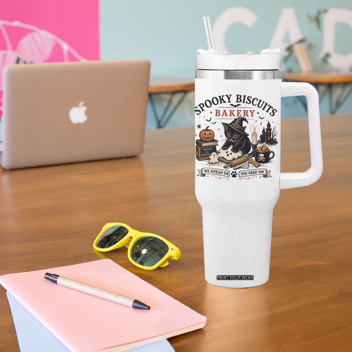Funny Spooky Biscuits Bakery Cat Halloween Tumbler With Handle We Knead Em You Need Em Pastry Kitten Lover