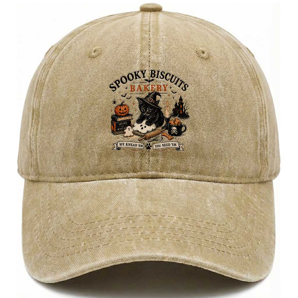 Funny Spooky Biscuits Bakery Cat Halloween Washed Cotton Baseball Cap We Knead Em You Need Em Pastry Kitten Lover