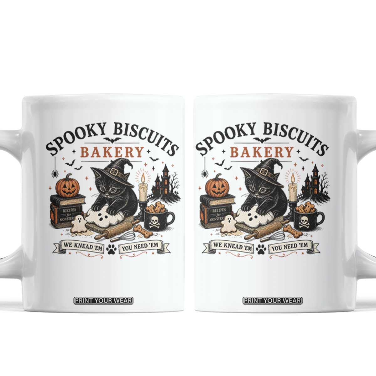 Funny Spooky Biscuits Bakery Cat Halloween Coffee Mug We Knead Em You Need Em Pastry Kitten Lover