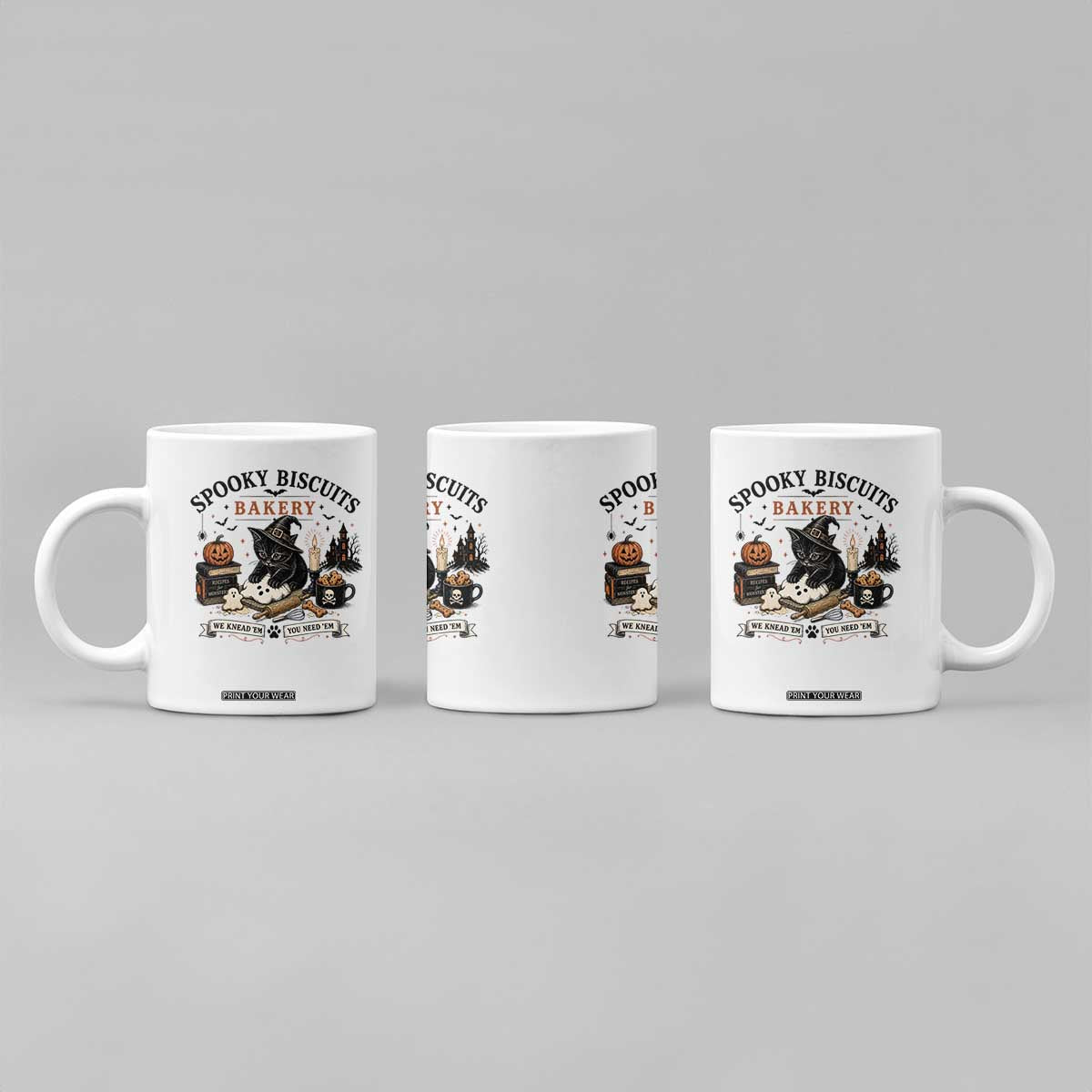 Funny Spooky Biscuits Bakery Cat Halloween Coffee Mug We Knead Em You Need Em Pastry Kitten Lover