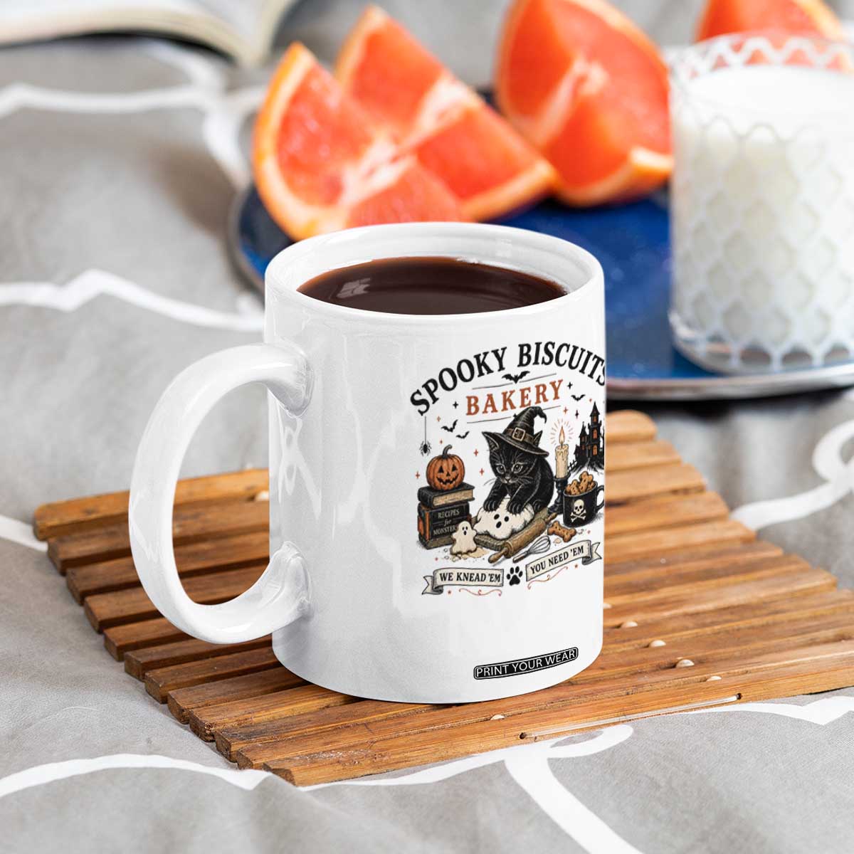 Funny Spooky Biscuits Bakery Cat Halloween Coffee Mug We Knead Em You Need Em Pastry Kitten Lover