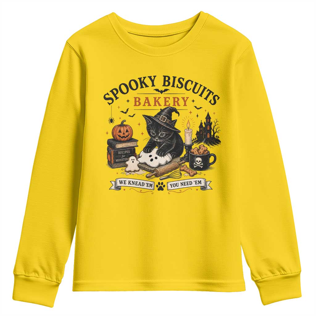 Funny Spooky Biscuits Bakery Cat Halloween Youth Sweatshirt We Knead Em You Need Em Pastry Kitten Lover