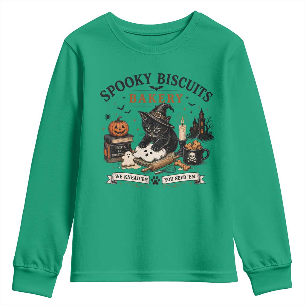 Funny Spooky Biscuits Bakery Cat Halloween Youth Sweatshirt We Knead Em You Need Em Pastry Kitten Lover