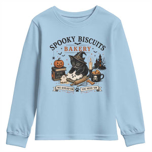 Funny Spooky Biscuits Bakery Cat Halloween Youth Sweatshirt We Knead Em You Need Em Pastry Kitten Lover