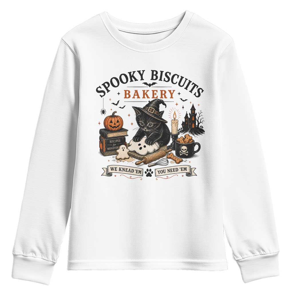 Funny Spooky Biscuits Bakery Cat Halloween Youth Sweatshirt We Knead Em You Need Em Pastry Kitten Lover