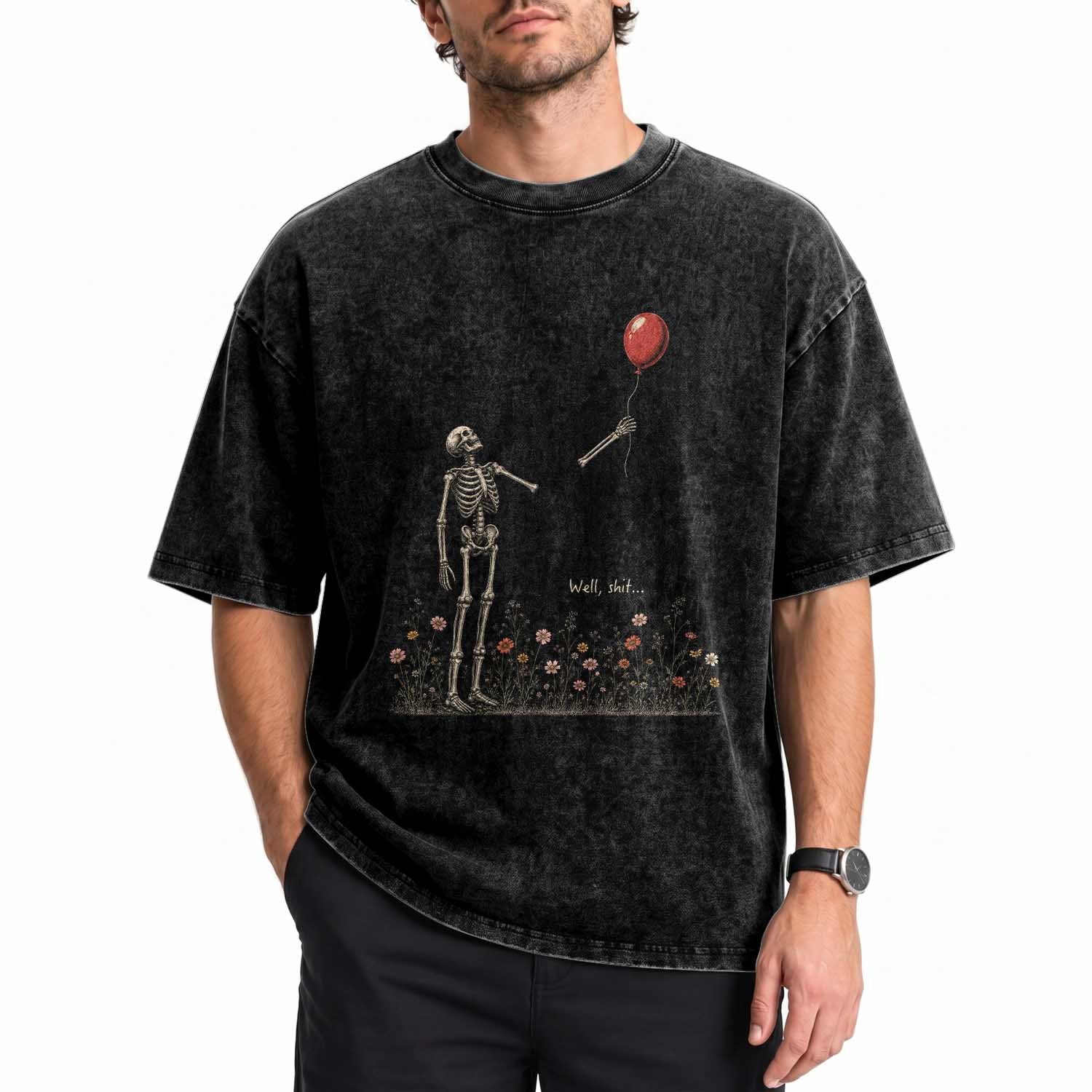 Well Shit Skeleton Lost Balloon Floral Funny Gothic Halloween Washed Cotton T-Shirt