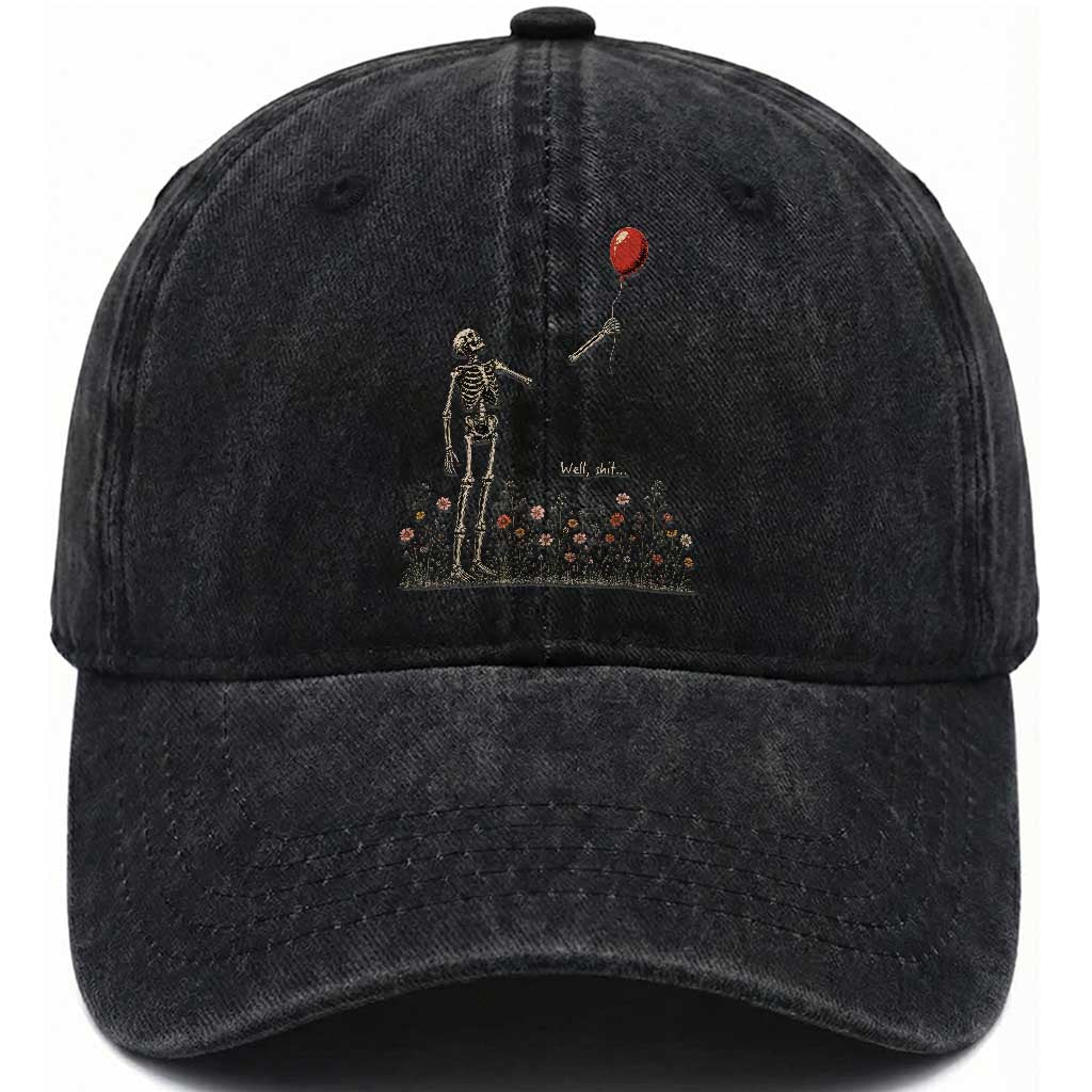 Well Shit Skeleton Lost Balloon Floral Funny Gothic Halloween Washed Cotton Baseball Cap