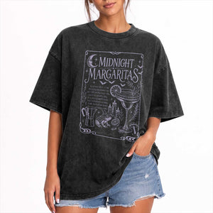 Midnight Margaritas Witch Halloween Cocktail Washed Cotton T-Shirt Funny Magic Tequila Lover