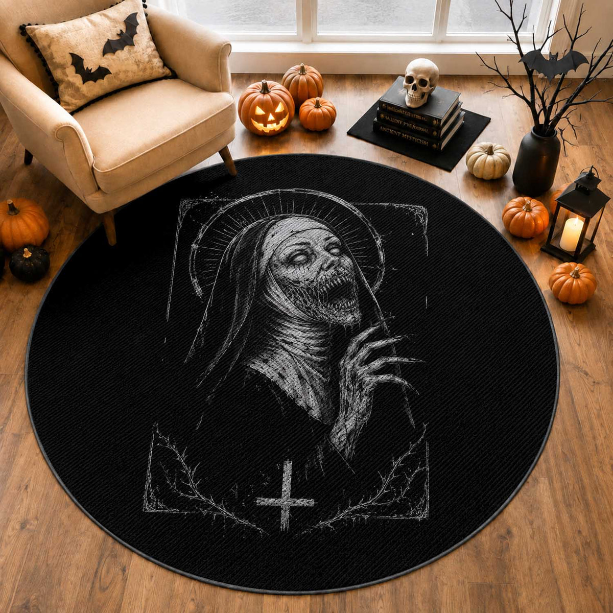 Horror Creepy Unholy Nun Demon Occult Scary Goth Round Rug