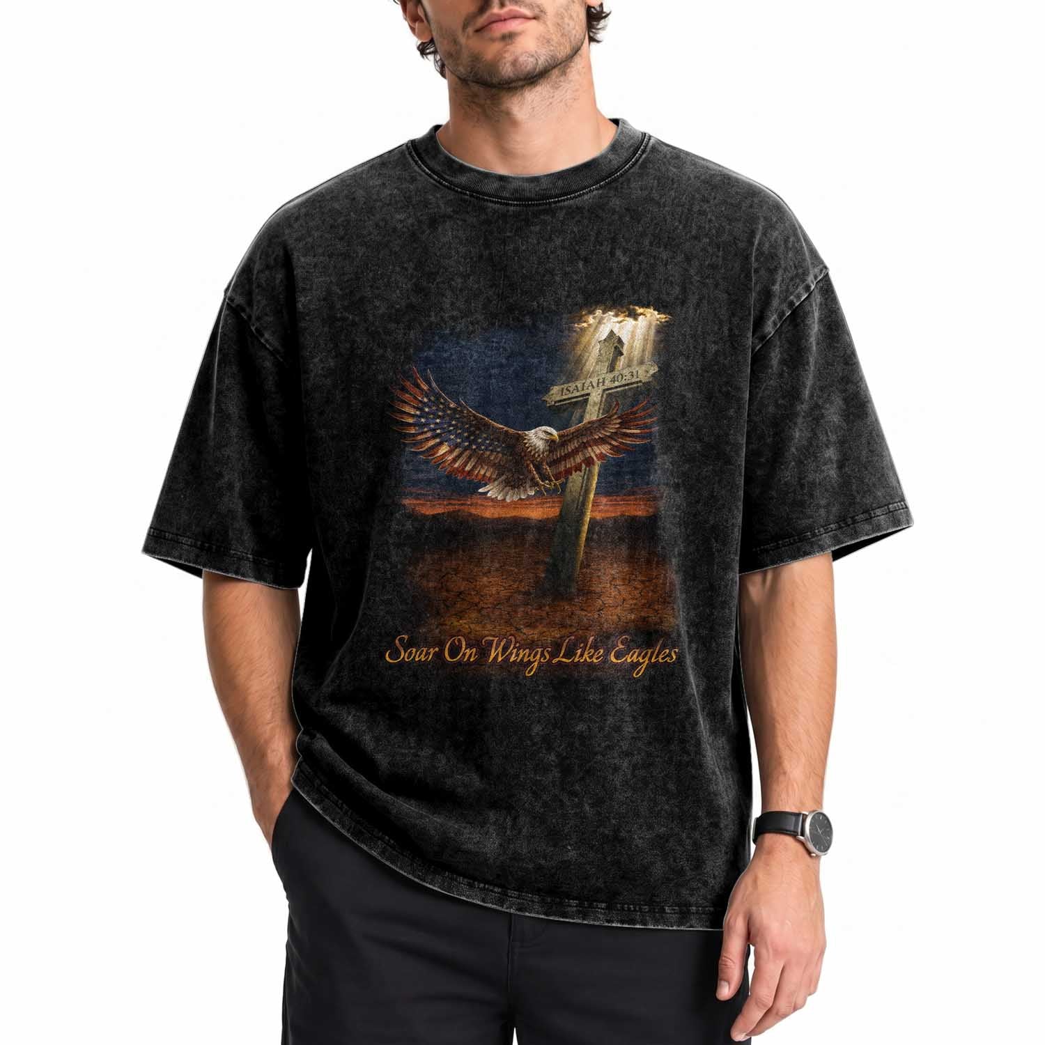 Soar On Wings Like Eagles Christian Faith Washed Cotton T-Shirt Isaiah 40:31 Bible Verse