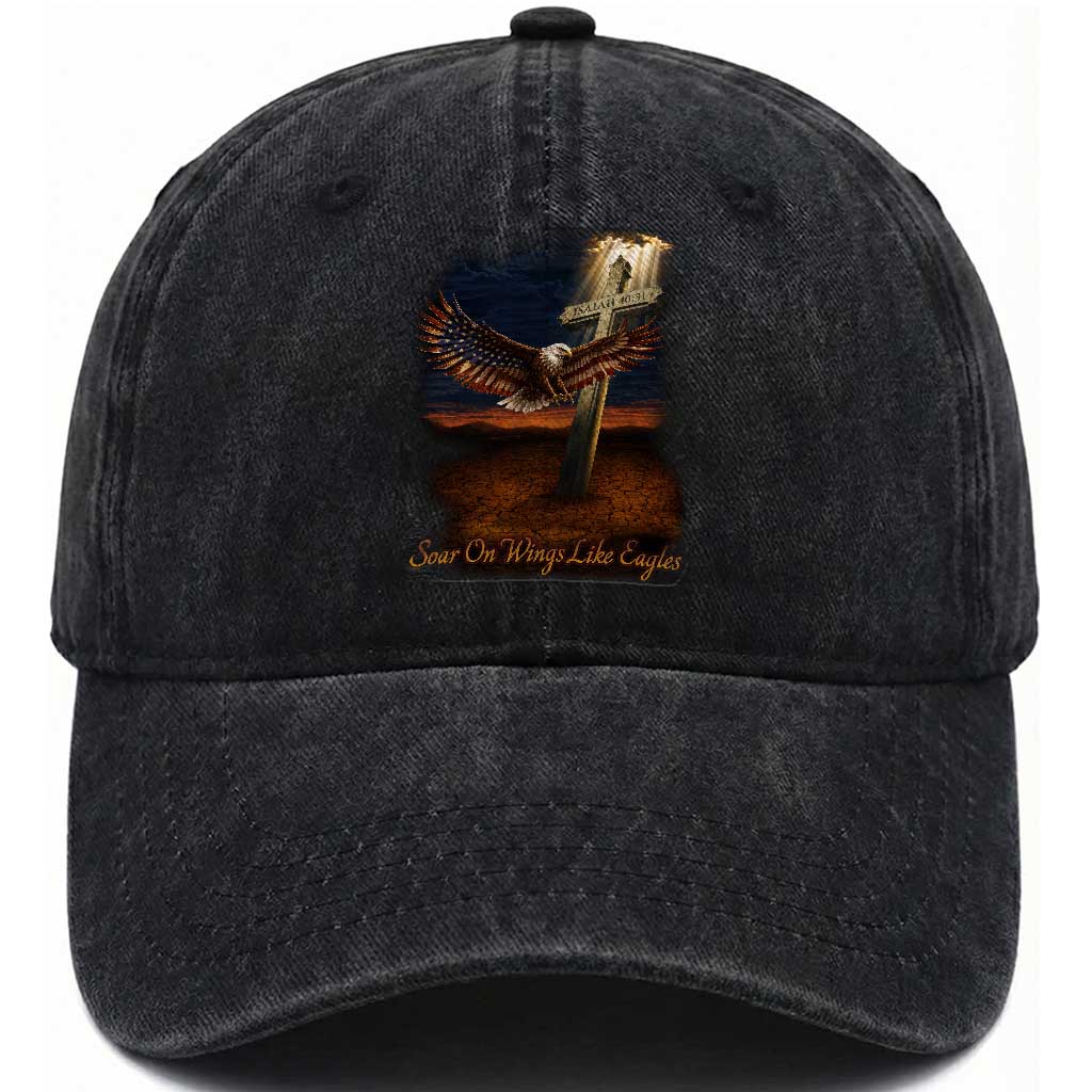 Soar On Wings Like Eagles Christian Faith Washed Cotton Baseball Cap Isaiah 40:31 Bible Verse TS11 Print Your Wear