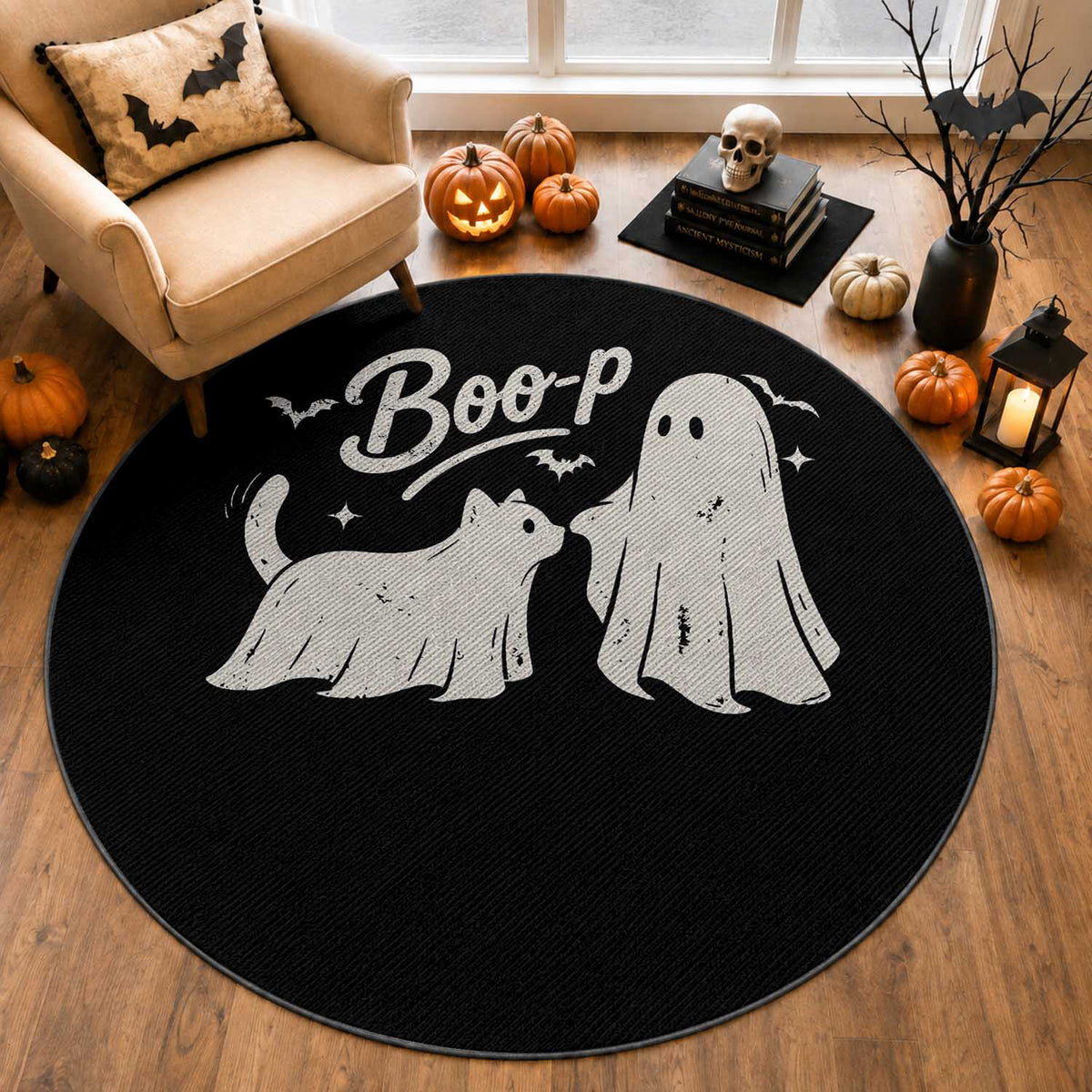 Funny Boo Boop Cat Ghost Halloween Round Rug Cat Lovers Gifts