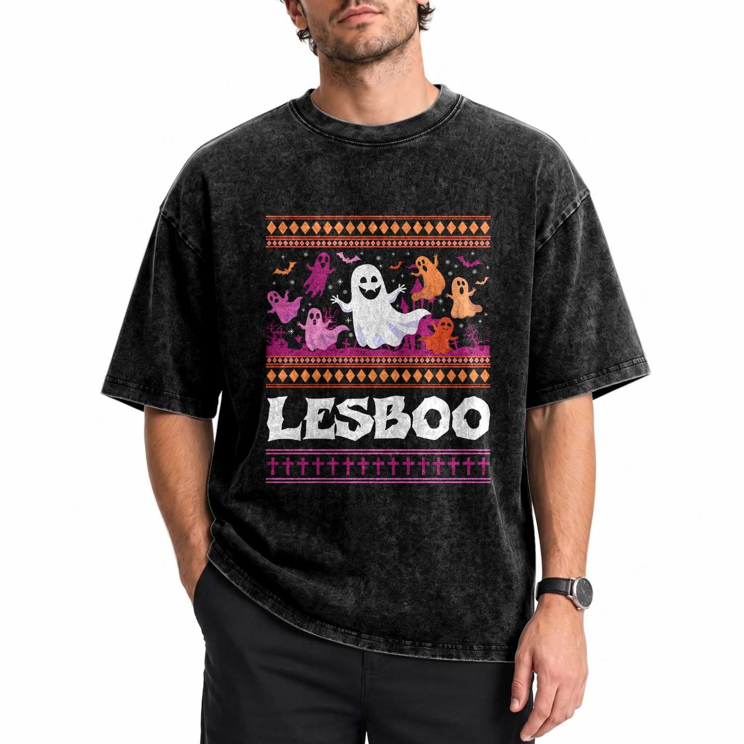 Funny Halloween Lesbian Washed Cotton T-Shirt Lesboo Ghost Bat LGBT Graveyard