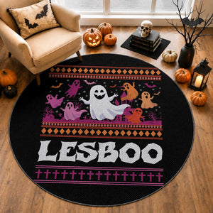 Funny Halloween Lesbian Round Rug Lesboo Ghost Bat LGBT Graveyard
