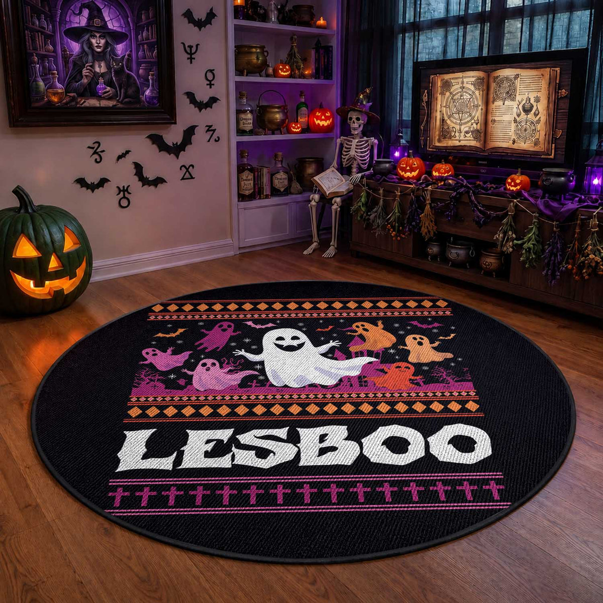 Funny Halloween Lesbian Round Rug Lesboo Ghost Bat LGBT Graveyard