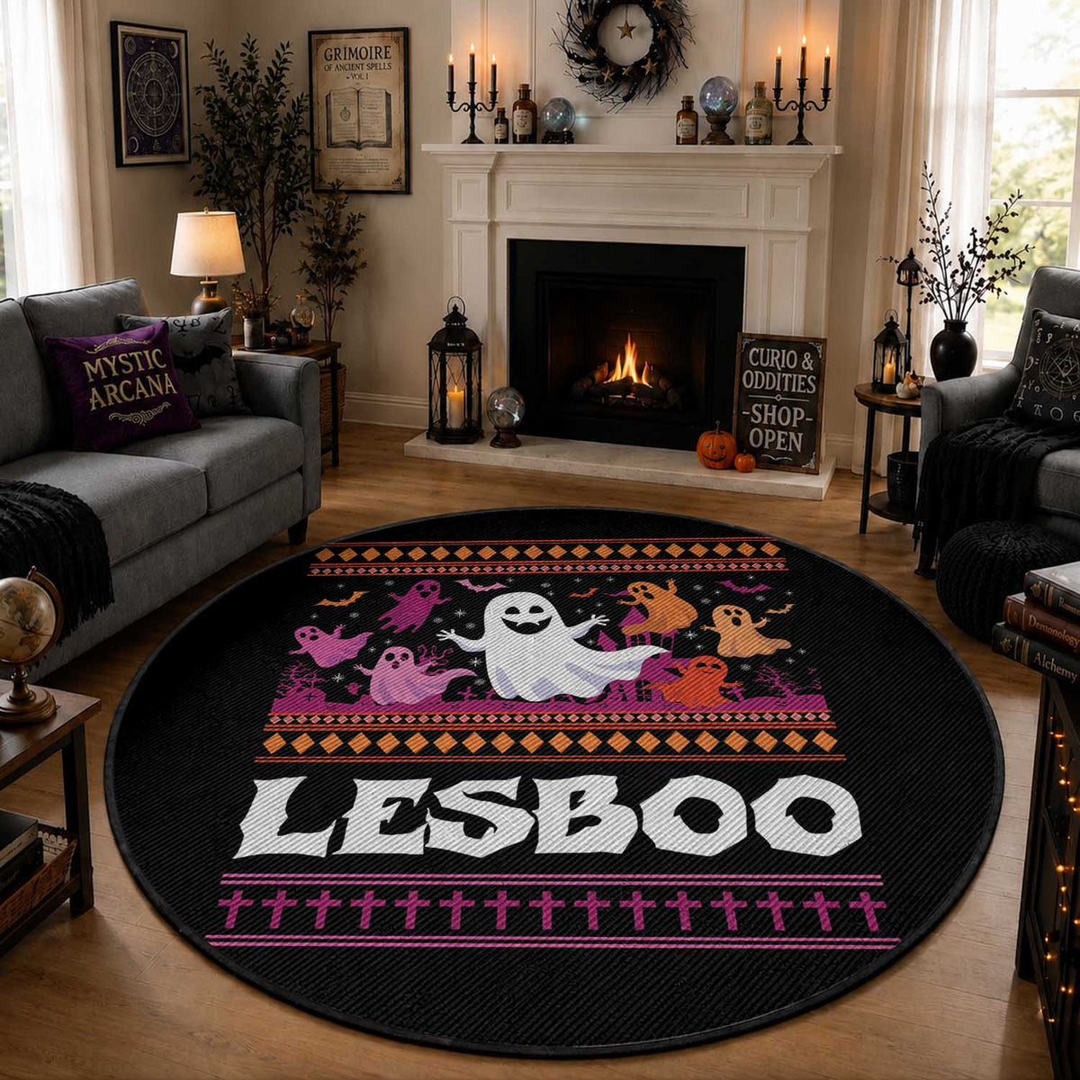 Funny Halloween Lesbian Round Rug Lesboo Ghost Bat LGBT Graveyard