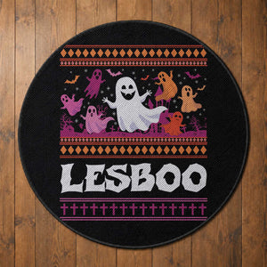 Funny Halloween Lesbian Round Rug Lesboo Ghost Bat LGBT Graveyard