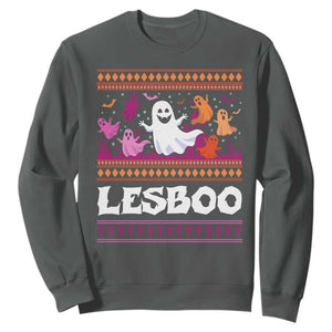 Funny Halloween Lesbian Sweatshirt Lesboo Ghost Bat LGBT Graveyard TS11 Dark Heather Print Your Wear