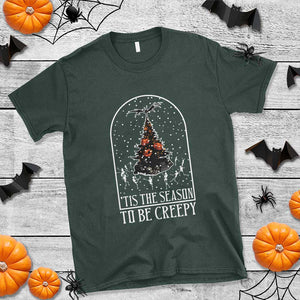 Halloween Christmas T Shirt Tis The Season To Be Creepy Xmas Tree Skeleton Snowy TS11 Dark Forest Green Print Your Wear