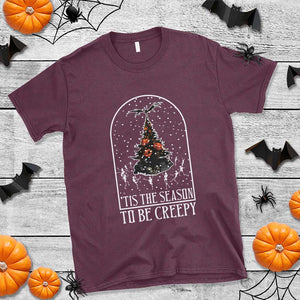 Halloween Christmas T Shirt Tis The Season To Be Creepy Xmas Tree Skeleton Snowy TS11 Maroon Print Your Wear