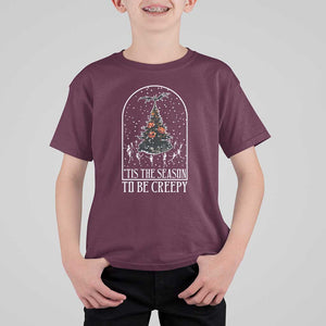 Halloween Christmas T Shirt For Kid Tis The Season To Be Creepy Xmas Tree Skeleton Snowy TS11 Maroon Print Your Wear