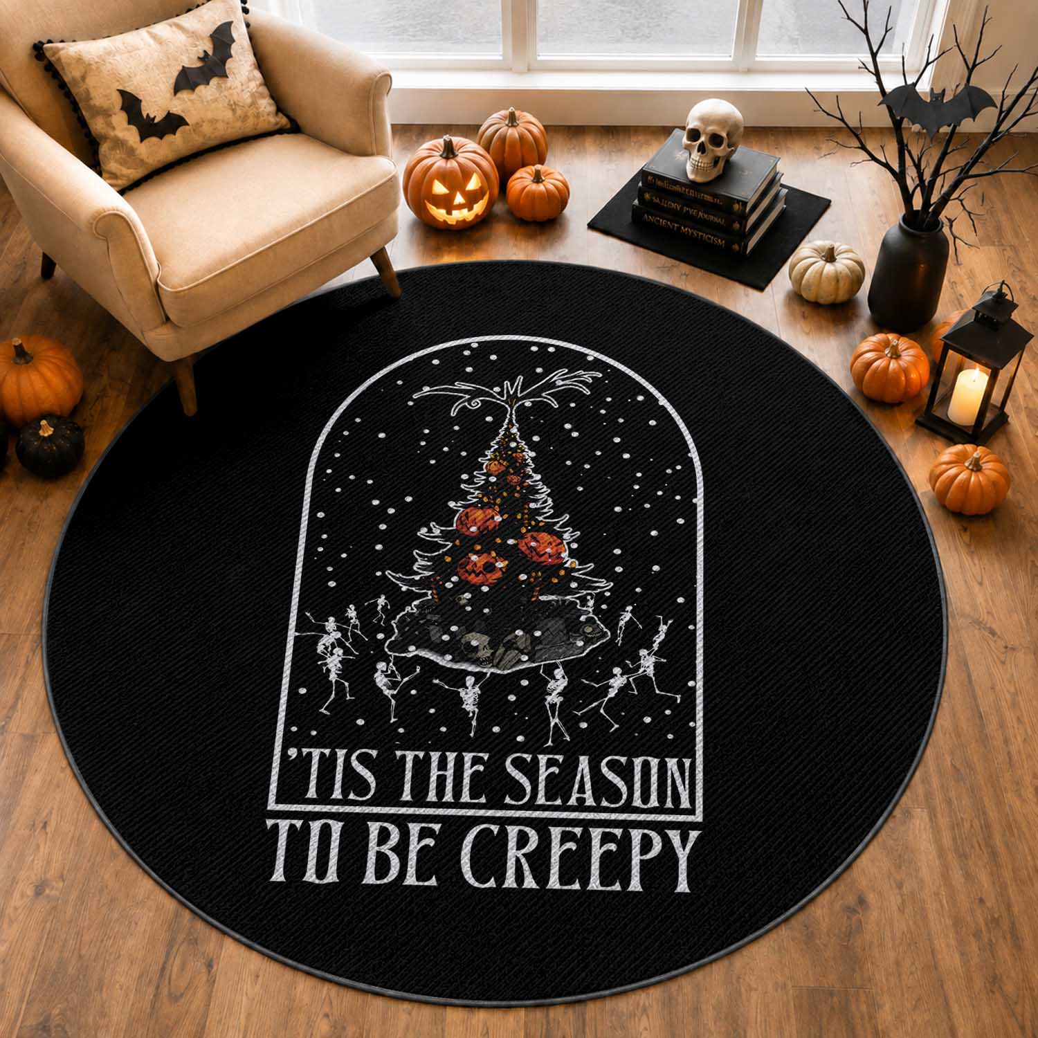 Halloween Christmas Round Rug Tis The Season To Be Creepy Xmas Tree Skeleton Snowy