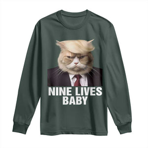 Funny Trump Supporter Long Sleeve Shirt Nine Lives Baby Trump Blond Hair Cat Cute Pet TS11 Dark Forest Green Print Your Wear