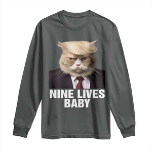 Funny Trump Supporter Long Sleeve Shirt Nine Lives Baby Trump Blond Hair Cat Cute Pet TS11 Dark Heather Print Your Wear