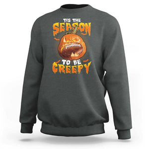 Funny Halloween Football Sweatshirt Tis The Season To Be Creepy Pumpkin American Football Bat TS11 Dark Heather Print Your Wear