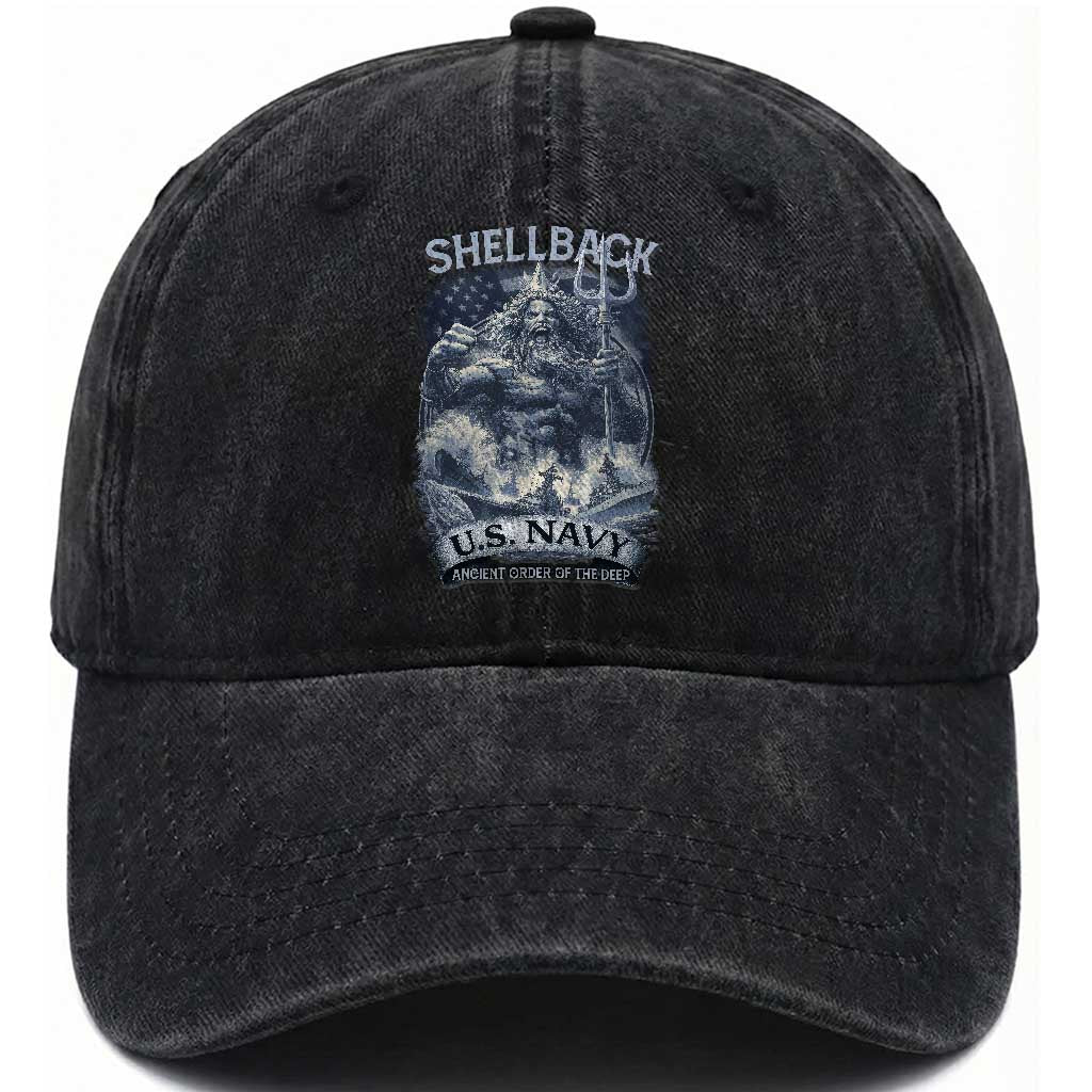 Navy Veteran Washed Cotton Baseball Cap King Neptune Shellback Ancient Order Of The Deep TS11 Washed Cap Universal Fit Black Print Your Wear