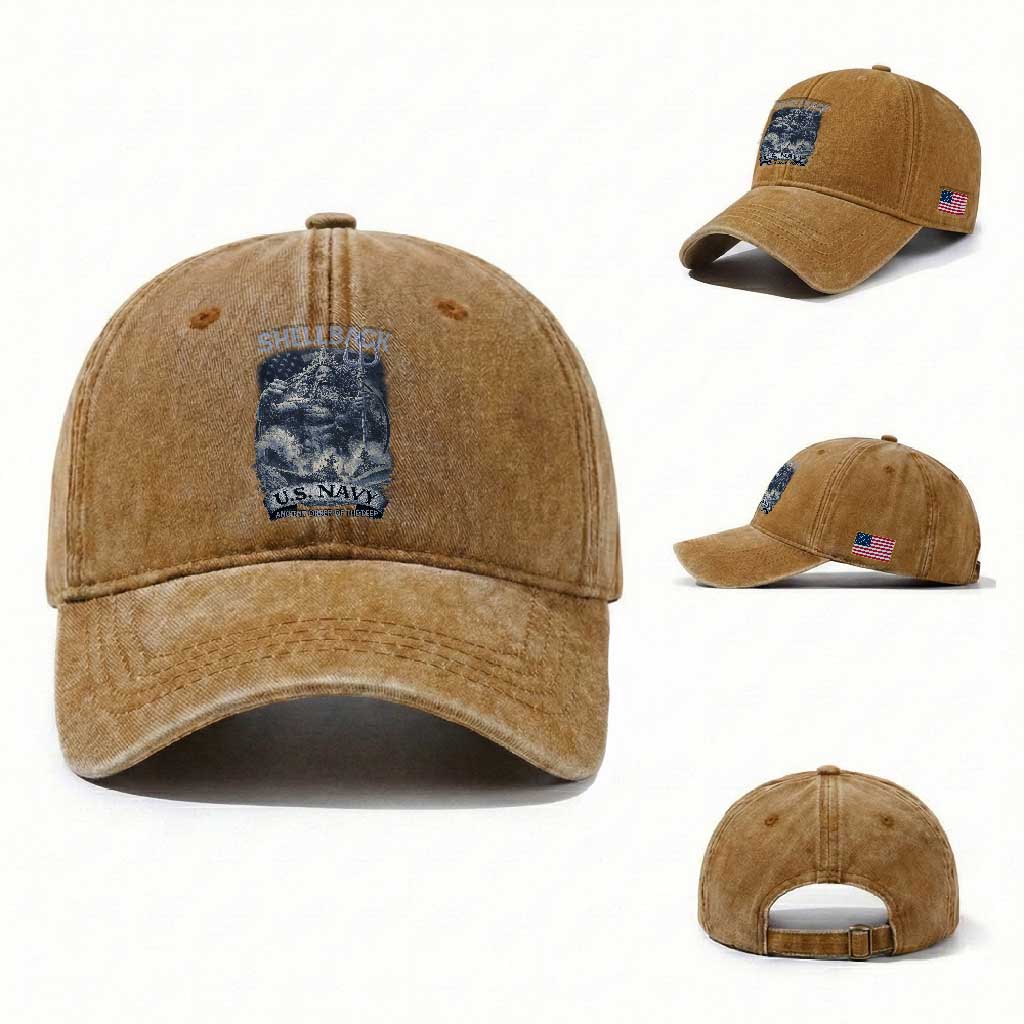 Navy Veteran Washed Cotton Baseball Cap King Neptune Shellback Ancient Order Of The Deep TS11 Washed Cap Universal Fit Yellow Ochre Print Your Wear