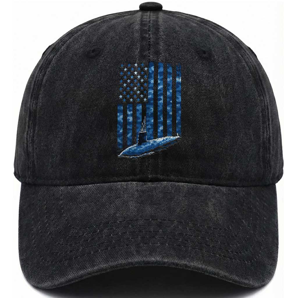 Patriotic Submarine Veteran Washed Cotton Baseball Cap Submariner Vintage Camo American Flag TS11 Washed Cap Universal Fit Black Print Your Wear