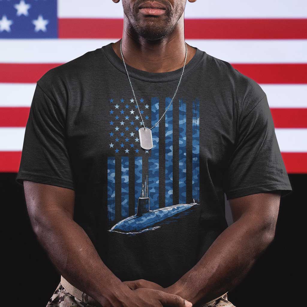 Patriotic Submarine Veteran T Shirt - Submariner Vintage Camo American Flag Military Pride Tee TS11 Black Print Your Wear