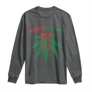 Funny Weed Christmas Long Sleeve Shirt Mistlestoned Mistletoe Led Lights TS11 Dark Heather Print Your Wear