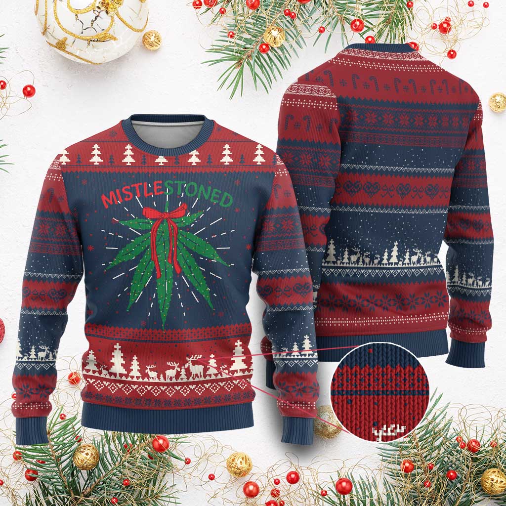 Funny Weed Xmas Ugly Christmas Sweater Mistlestoned Mistletoe Led Lights TS11 Burgundy Print Your Wear