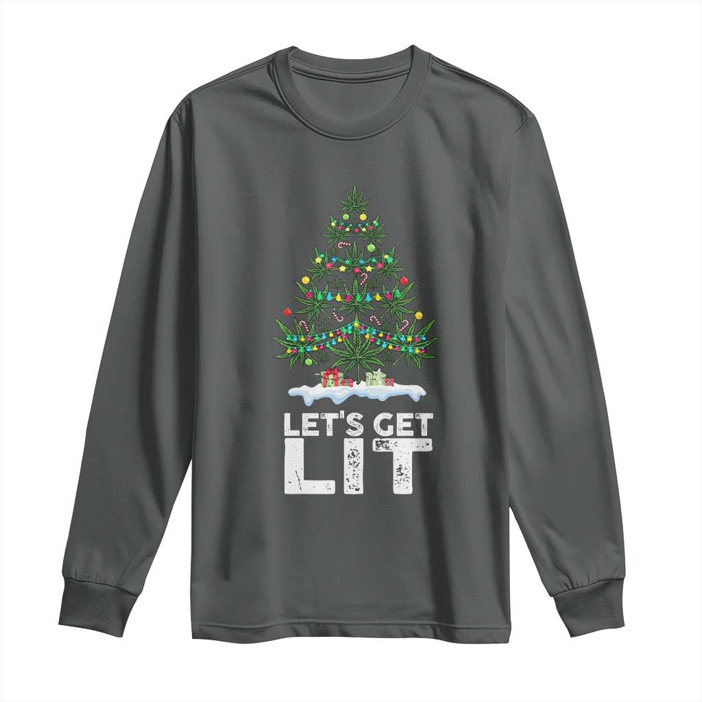 Funny Christmas Weed Long Sleeve Shirt Let's Get Lit Weeds Xmas Tree TS11 Dark Heather Print Your Wear