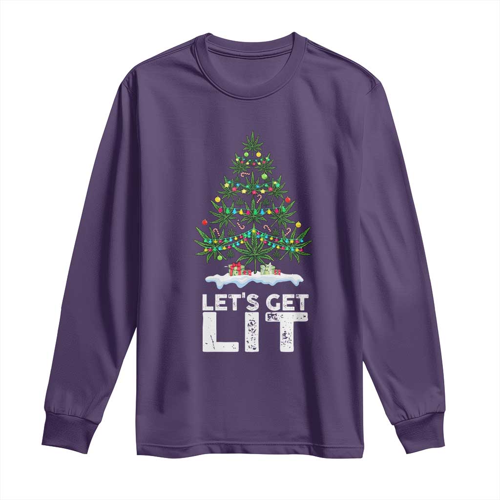 Funny Christmas Weed Long Sleeve Shirt Let's Get Lit Weeds Xmas Tree TS11 Purple Print Your Wear