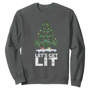 Funny Christmas Weed Sweatshirt Let's Get Lit Weeds Xmas Tree TS11 Dark Heather Print Your Wear