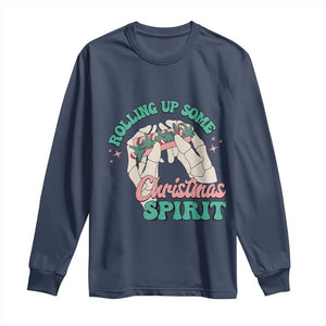 Funny Weed Christmas Long Sleeve Shirt Rolling Up Some Christmas Spirit Skeleton Hand TS11 Navy Print Your Wear